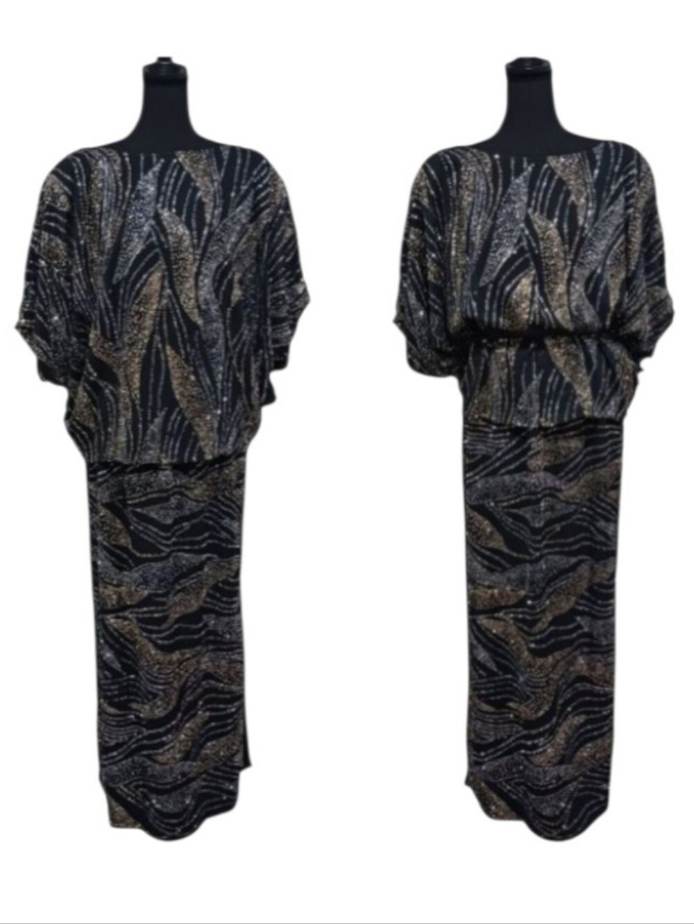 80s Andree 2-PC Gaye Glitter Batwing Blouse & Skirt Set